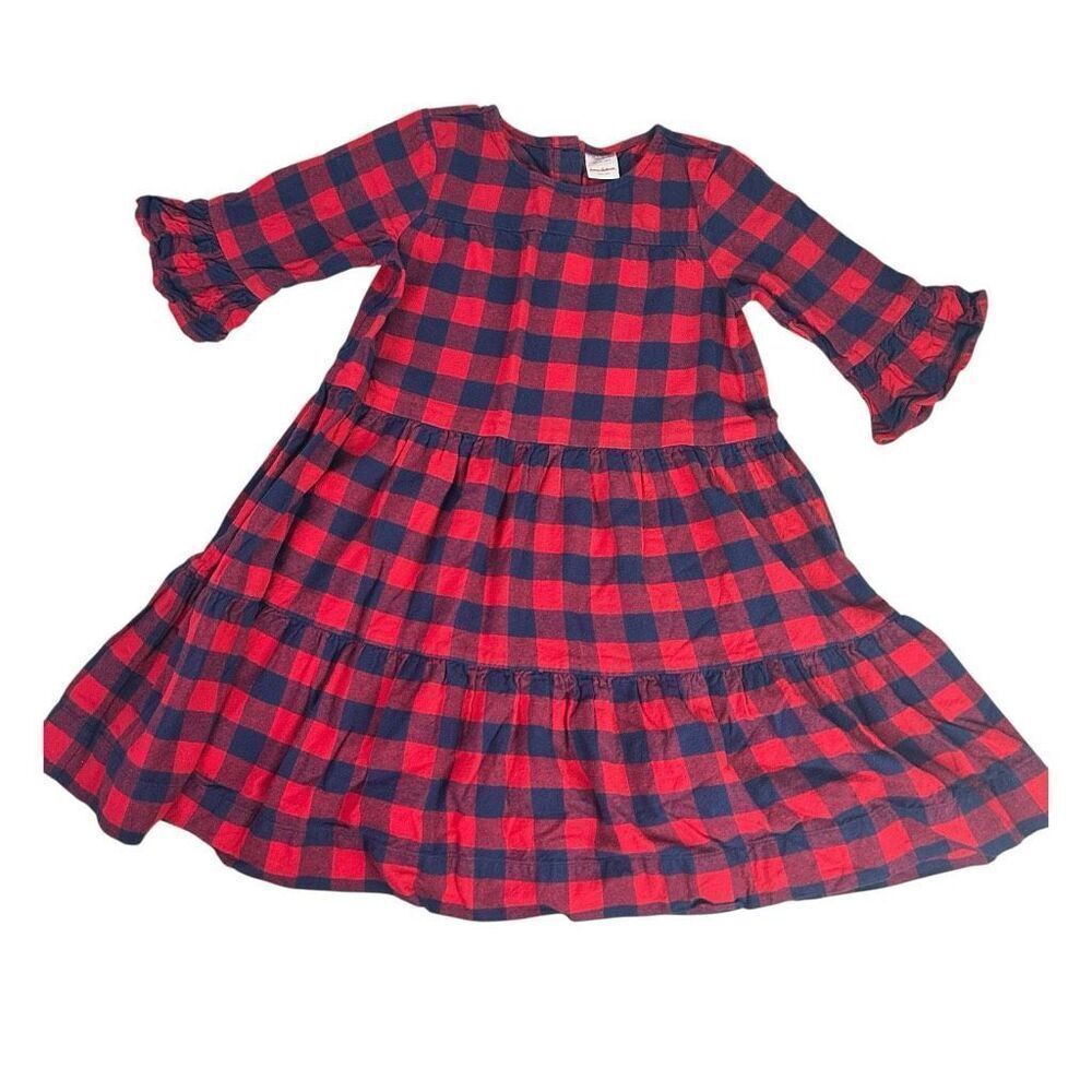 Hanna Andersson Buffalo Plaid Flannel Dress size 8 Red Blue Half Sleeve - Picture 3 of 8